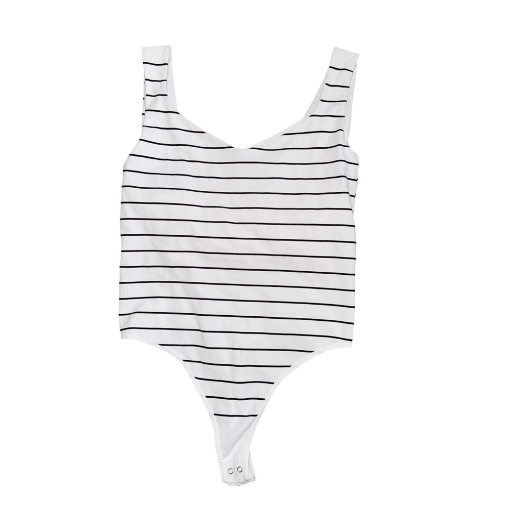 Free People Bodysuit Women M/L White Black Stripe NWT V-Neck Thong Seamless